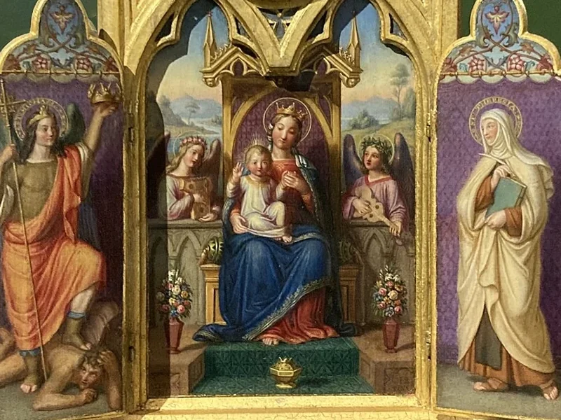 1812-Ulrich Halbreiter - Piccolo altare domestico con Maria con Bambino in trono, Dio Padre